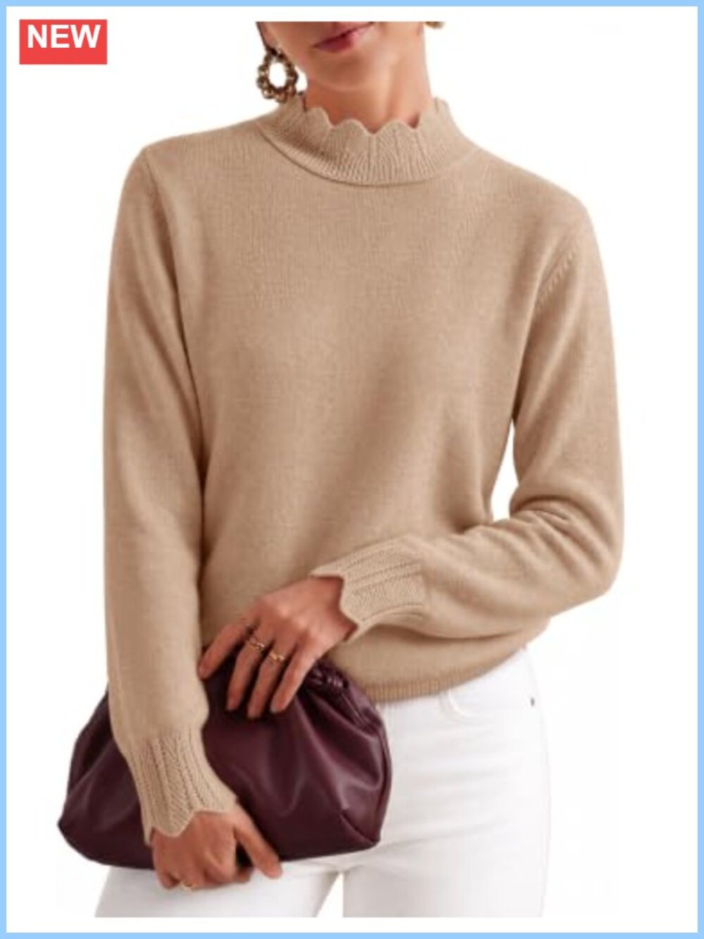 Scalloped Mock Neck Pullover Sweater Puff Sleeve Women's